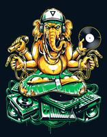 Ganesha DJ sentado en cosas musicales electrónicas vector