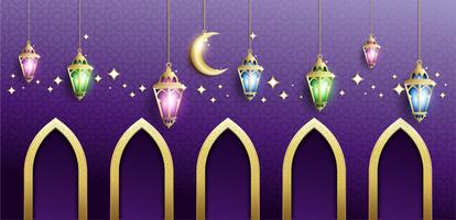 Ramadán Kareem con fondo de linterna y mezquita colgante de Fanoos vector