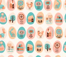 Vector seamless pattern with easter symbols and folk flowers.