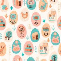 Vector seamless pattern with easter symbols and folk flowers.