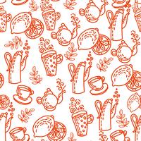 Red Seamless Pattern with Tea Cups. vector