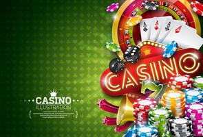 Casino Illustration with roulette wheel and poker chips vector