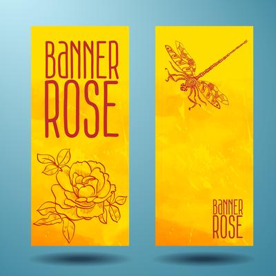 Banners with rose and dragonfly in doodle