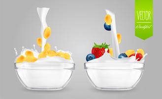Cereal with milk and berries. Breakfast concept. vector