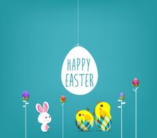 Easter poster. Hanging eggs on blue background with bunny and handwritten text vector