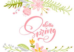 Tarjeta de felicitación de vector de flor con texto Hola primavera