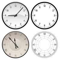 Reloj moderno y reloj antiguo en color y en versiones de plantilla en negro, ilustración vectorial