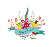 Tarjeta de felicitación de Pascua con conejo de Pascua con corona floral vector