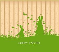 Easter greeting card with rabbit, gift and lights on the wooden background vector