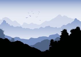 Fondo de paisaje con montañas y bandada de pájaros. vector