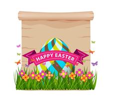 Huevo de Pascua con hierba y mariposas de primavera con papel en blanco. vector