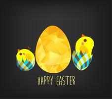 Happy Easter greeting card in low poly triangle style. Flat design polygon of golden easter egg and chicken isolated on black background vector