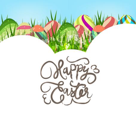 Happy easter eggs. Spring background with white dandelions