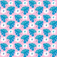 Vector summer seamless pattern with flat flowers and Tropical Leaves