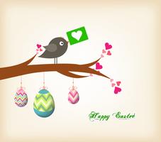 easter eggs hanging on the wire greeting card with bird vector