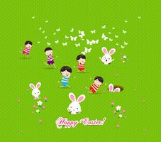 Happy kids easter eggs play bunny cute vector