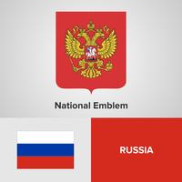 Rusia emblema nacional, mapa y bandera vector