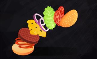 Hamburger with lettuce, onion, cheese, tomato and meat. Flying ingredients of burger. Vector cartoon illustration