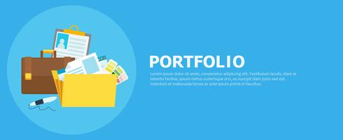 Portfolio banner. Folder with files, briefcase, pen. Vector flat illustration