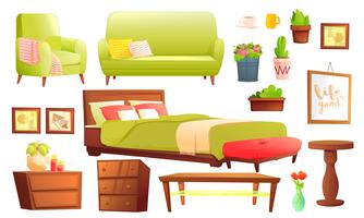 Living or bedroom object set with leather sofa and wooden shelf with frame and books. Stylish furniture - a lamp and a vase and a table. Vector cartoon illustration