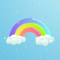 A nice rainbow with clouds against the sky with stars. Cute cartoon illustration