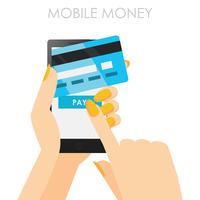 Phone in hands with a credit card. Payment online from mobile. Vector flat banner