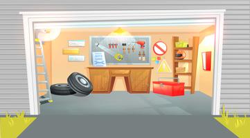 El interior del garaje. Lugar de trabajo del maestro en reparación de automóviles con herramientas de trabajo. vector