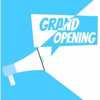 Grand opening banner. Gramophone with text, on a white blue background. Vector flat illustration