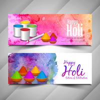 Fiestas de Holi con estilo hermosas banderas conjunto vector
