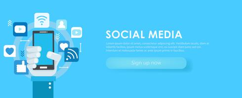 Social media banner. Phone with icons. flat illustration vector