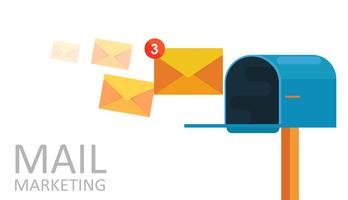 E-mail marketing. Mailbox and envelopes surrounded with notification by icons. Vector flat illustration