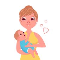 The mother's character with a small child in hugs. Love from mom to baby. Vector cartoon character