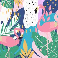 Tropical jungle leaves background with flamingos vector