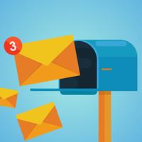 E-mail marketing. Mailbox and envelopes surrounded with notification by icons. Vector flat illustration