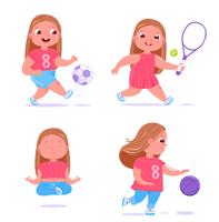 Cute baby girl is engaged in different type of sports. She plays football, basketball with ball, meditates and does yoga and also deals in tennis. Daily healthy routine. Vector cartoon illustration