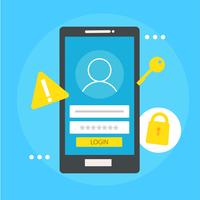 User based security banner. Phone with login box, key, lock. Vector flat illustration