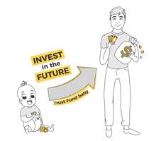 Fondo fiduciario para el bebé. Invierte en el futuro a tu hijo. Crecimiento del capital para la universidad y la empresa. Vector line art illustration