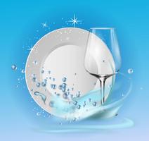 A clean plate and wine glass in soap bubbles and water splash. vector