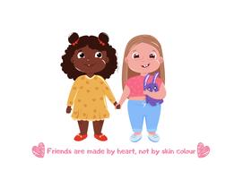 Two little cute girl friends. International friendship. Vector cartoon illustration for greeting card and poster and print and website