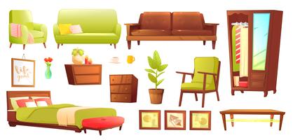 Conjunto de objetos de salón o dormitorio con sofá de cuero y estante de madera con marco y libros. Muebles de estilo - una lámpara y un jarrón y una mesa. Ilustración vectorial de dibujos animados vector