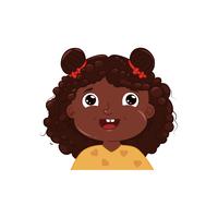Little dark skinned girl cute smiling. Happy emotion African American child face. Vector cartoon illustration
