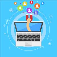 Influencer marketing banner. From the computer comes out a hand with a magnet, calling users. Vector flat illustration