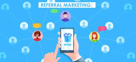 Referral marketing banner. Hand with phone and users avatat. Vector cartoon illustration 