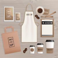 Corporate identity design template set for coffee shop or house. Mock-up package, tablet, phone, price tag, cup, notebook. Vector realistic concept