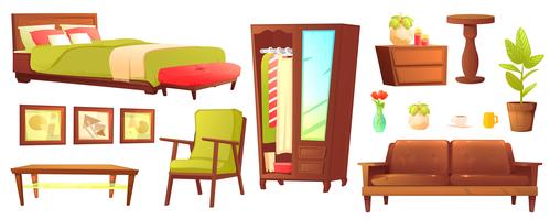 Living or bedroom object set with leather sofa and wooden shelf with frame and books. Stylish furniture - a lamp and a vase and a table. Vector cartoon illustration 