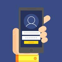 Login to the account, verification on the phone screen in the man's hand. Vector flat illustration