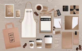 Corporate identity design template set for coffee shop or house. Mock-up package, tablet, phone, price tag, cup, notebook. Vector realistic concept