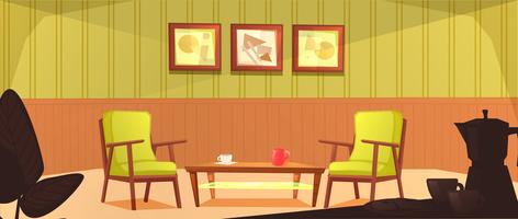 El interior de la sala de la cafetería. Diseño retro del sillón y mesita con tazas. Muebles de madera en una cafetería. Ilustración vectorial de dibujos animados vector