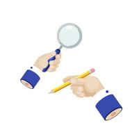 Hand of businessman with magnifying glass and pencil. Marketing research. Vector flat illustration