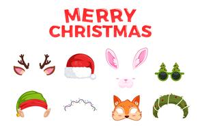 New Year's masks for photos. Christmas clipart Santa Claus and Elf and rabbit and deer, and fox. Vector cartoon illustration